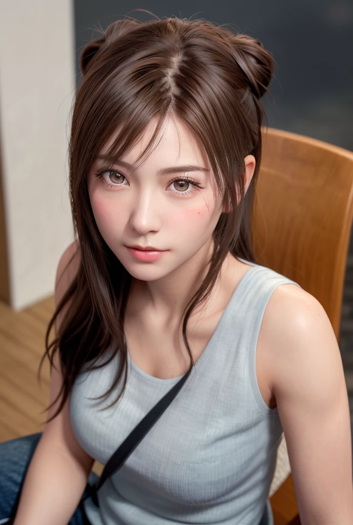 8K,Best Quality, masutepiece, 超A high resolution, (Photorealistic:1.4), Raw photo, (Authentic skin texture:1.3), (Film grain:1.3), (Selfie angle),1girl in, Bun hairstyle, Brown hair, Sitting, Chair, bored, Hand supporting chin, beautiful detailed eyes and face,masutepiece, Best Quality,close-up,upper bod,