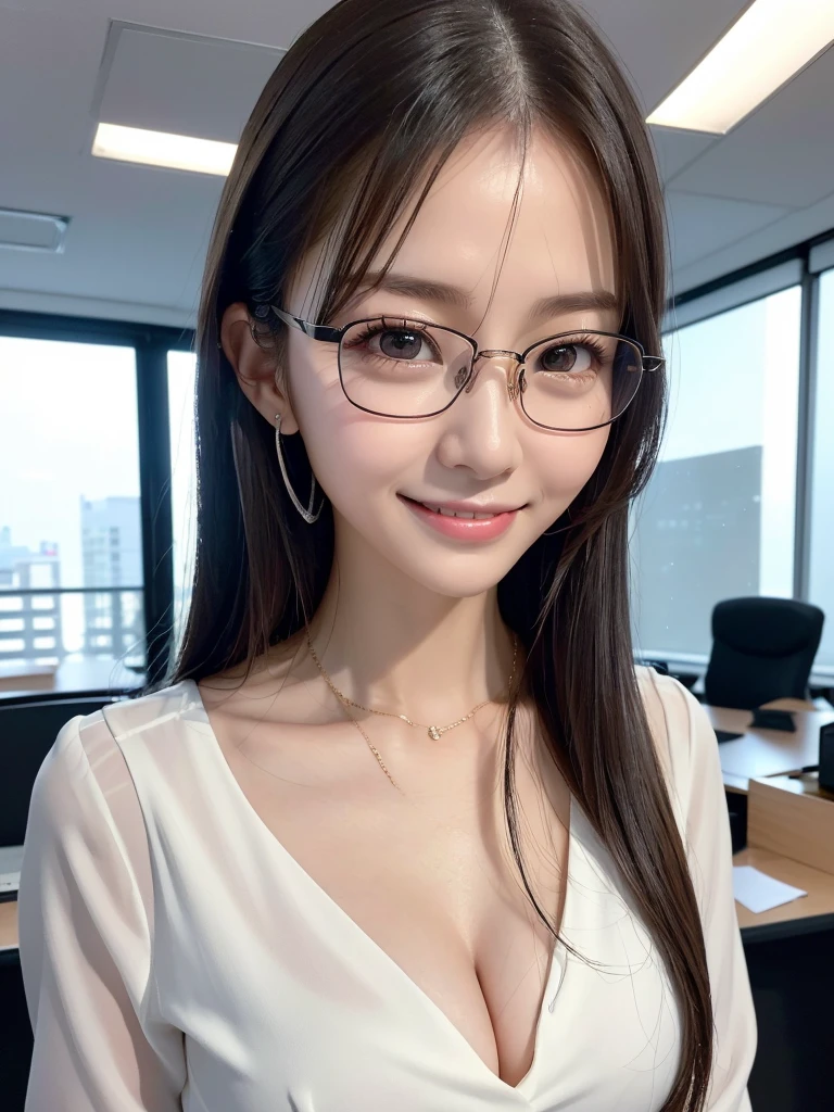 1 Beautiful young girl, 非常にBeautiful detailsな顔, (Slender body:1.2), (Detailed face:1.2), Conceptual Art, high quality, Realistic, Very detailed CG 統合 8k 壁紙, Very detailed, High-resolution RAW color photos, Professional photography, Realistic portrait, Cinematic Light, Beautiful details, Very detailed, Advanced Details, Depth of written border, Super stylish lighting, (Beautiful small breasts:1.2), Smooth and flawless skin, Expressive and captivating eyes, Well-defined facial features, A perfectly balanced face, Fine Details and Realistic Textures，((((Office Room，Exposed office lady,overtime,night,whole body，Sexy smile，Glasses)))