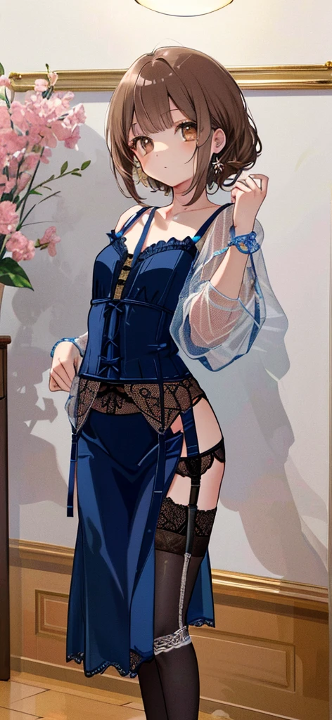 ((masterpiece)), ((best quality)), ((ultra detailed)), ((kawaii)), cute, (lovely), ((extremely detailed)), ((8K)), (beautiful), full body, luxury room, a cute girl, 1girl, solo, blue mini camisole dress,beautiful light brown hair, ((detailed beautiful brown eyes)), white-skinned, long hair, flat breast, tiny breast, garter belt,standing,(nfsw:1.4)