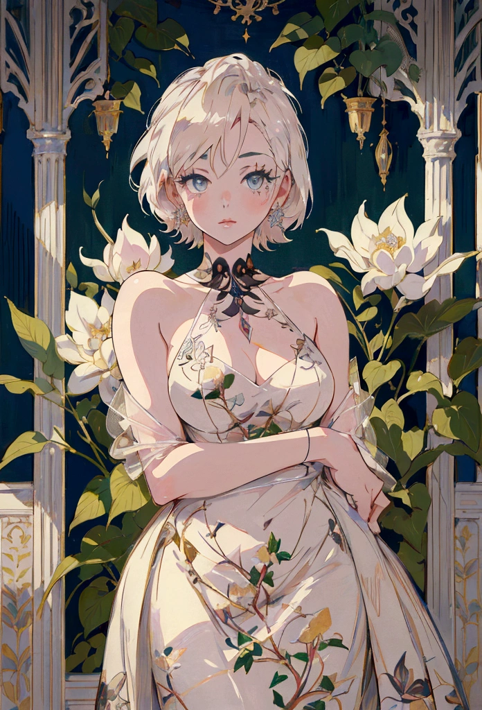 Marilyn Monroe, Anime Style, Short Hair, Platinum Blonde, She is wearing a beautiful embroidered silk dress., Gentle expression, Elegant, Ultra-detailed botanical references, Maximalist Botany, beautifully、Aesthetically beautiful illustration masterpiece, Topaz AI Post Editing