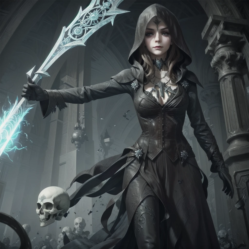 necromancer girl with a staff, a flying skull nearby