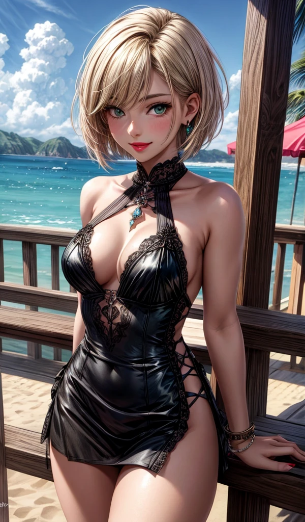 Please follow the all prompts below exactly and faithfully, This is a breathtaking masterpiece of digital illustration, with maximum resolution, UHD, 512K, 2160p, 10 million ppi, 300 million dpi, natural color tones, ultra sharp details, perfect outlines with contrast, ((smooth, soft and clearly and most realistic skin and hair texture)), most beautiful detailed eye features, perfect anatomically correct human body, beautiful background with depth, rule of thirds, depth of field, Maximize all element is used to its full potential to create the best digital illustrations, 1woman, beautiful face, elegant mature woman, Ultimate beauty of all time:1.5, Ultimate attractive face that combines sexiness and eroticism:1.5, Slut:1.3, solo:1.3, beautiful big breasts, green eyes, blonde hair, short hair, bob cut, (eyes visible through hair:1.3), glossy very thick lips:0.7, sexy smile, pink lipstick, extremely blue bodycon Chinese dress:1.5, ultra miniskirt:1.3, neckless:1.5, earring, bracelet, (open cafe:1.5), 1woman, Slut:1.5, beautiful face sharp, elegant mature woman, perfect body style, beautiful big breasts, green eyes, shiny blonde hair, hair over one eye, short hair, glossy very thick lips:0.7, pink lipstick:0.7, smile, sexy pose, ultra small clothes, micro bikini, on the beach, at day,