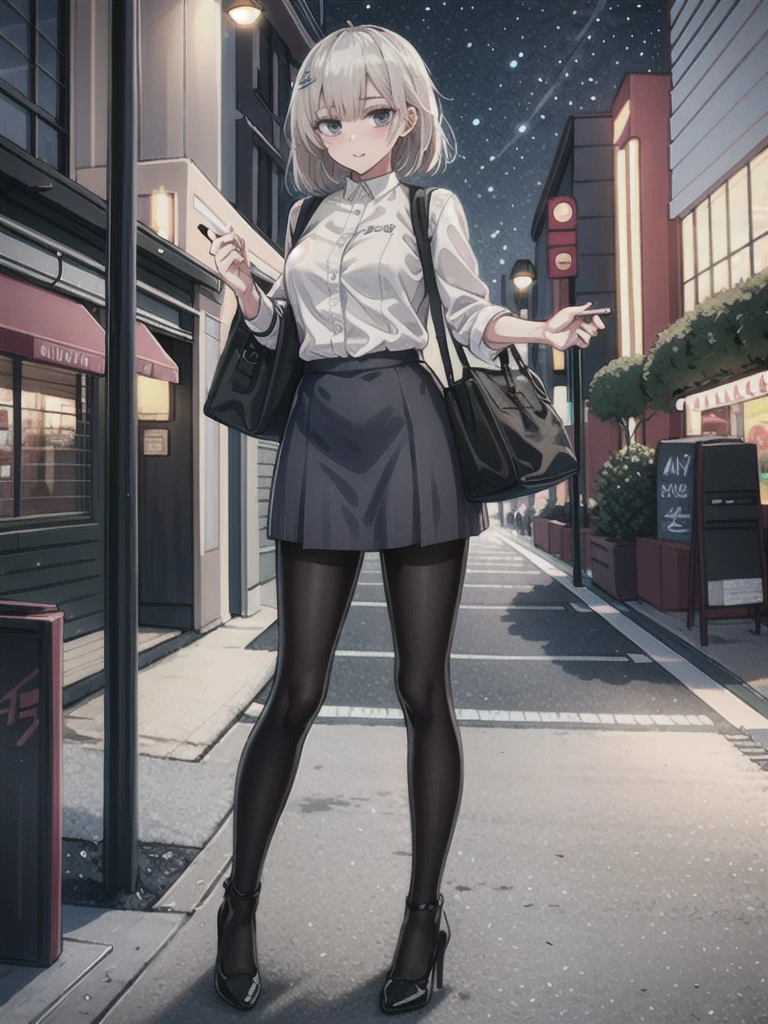 1girl, solo, female, ak-74m, white shirt, standing, full body shot's, blue skirt, outdoor, night, 4k, bokeh, pantyhose, carying a bag, mature woman, a date, one bag, high heels