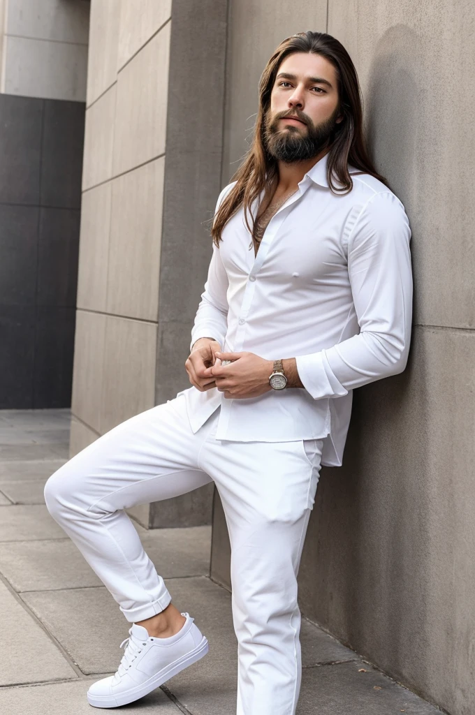 Clear face, handsome men , long hair and beard, high details, white shirt and pant shoes wear 