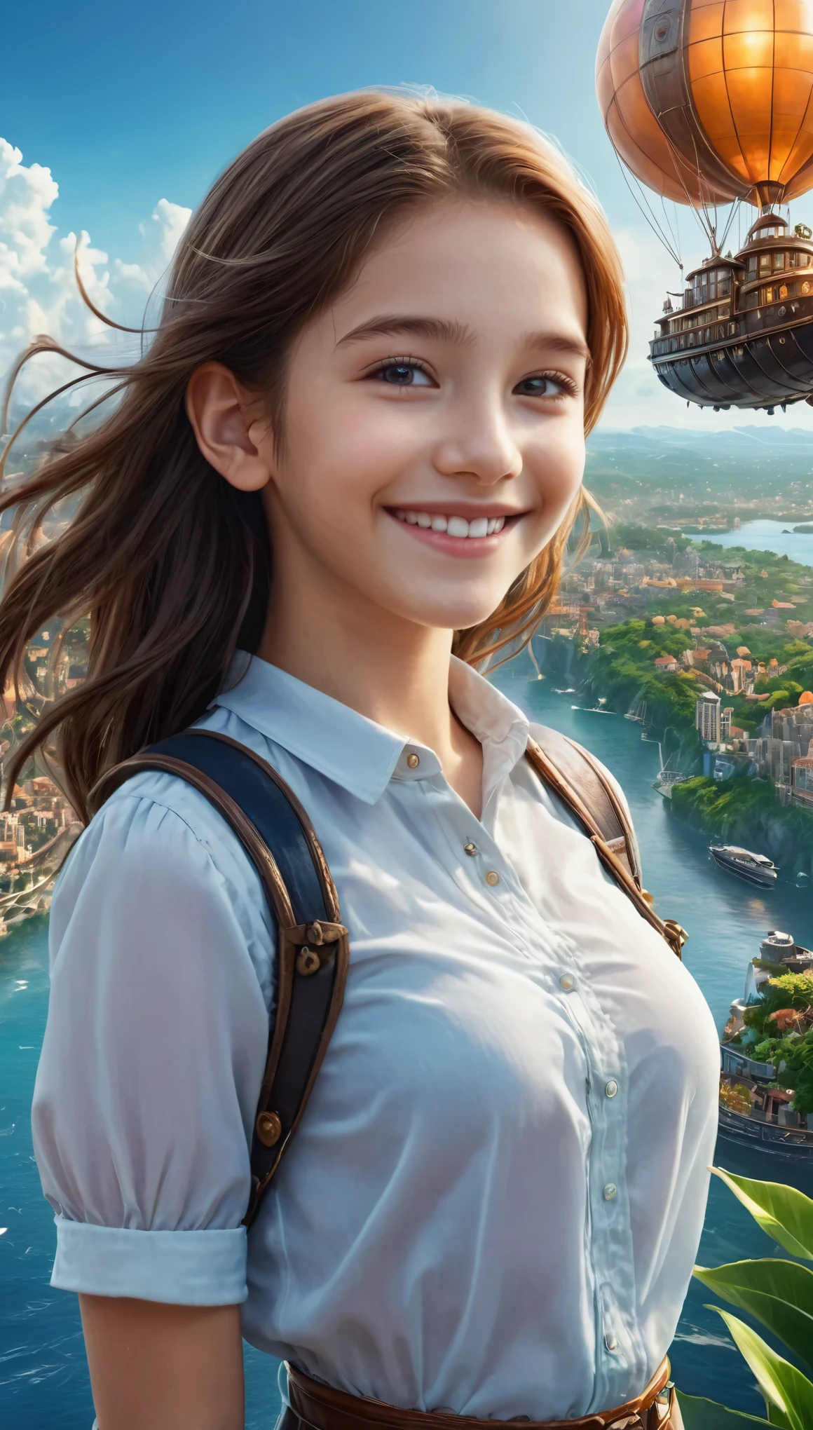 Many islands are floating in the air, A small airship is flying around, City, Fantasy, A magical plant grows, Extreme Detail, Realistic Light, A magnificent composition, (Intricate details), (Intricate Design, Super detailed :1.2), Art Station, (masterpiece, Highest quality), Ultra HD, 32K (Close-up portrait of beautiful girl is smiling at viewers:1.1)