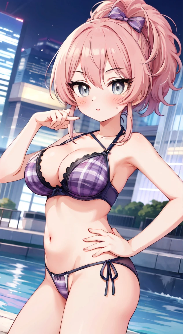 side tie panties,blush, full-face blush,masterpiece, highest quality, (anime screencap:1.3),(shape), cute,(simple:1), (anime:1.2),Solo Sharp Focus, 1 girl, cleavage,looking at the viewer, nighttime pools,Are standing,,(NSFW:1.2),Colorful bikini,pastel colour,beautiful hair,Horizontal stripes,heart shaped pupils,plaid pattern bra, plaid pattern panties,Tropicaljuice,cute eyes,puffy eyes,hand on hip,Beaming face,large breasts,