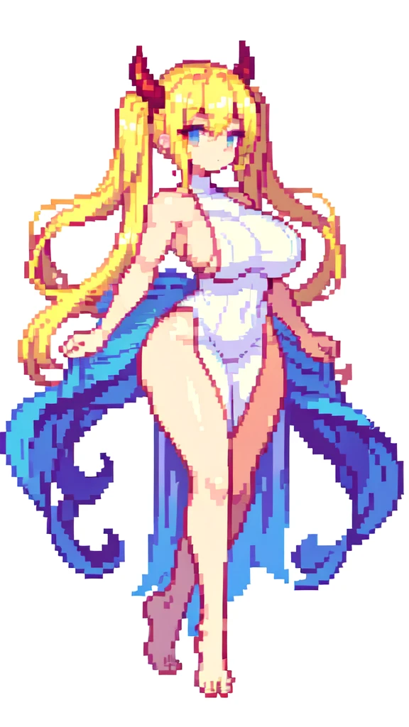 erfly sitting position, v arms,{{long legs}},devil,barefoot,{{very muscular}},{{very gigantic brea{{very curvy}} , ,masterpiece , best quality , pixel art , 1 girl ,{full body}, voluptuous ,twintails,blonde hair ,white dress,white background