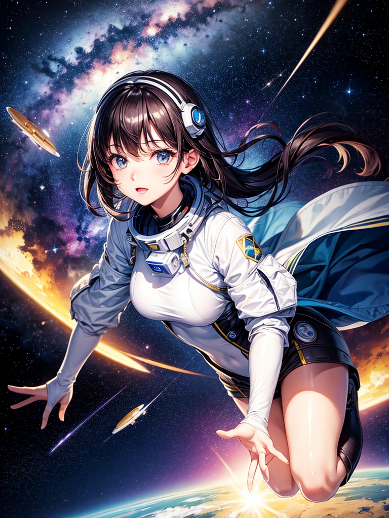 Highest quality,Highest Resolution,A beautiful girl from the future flying in space,Earth in the background,Milky Way,