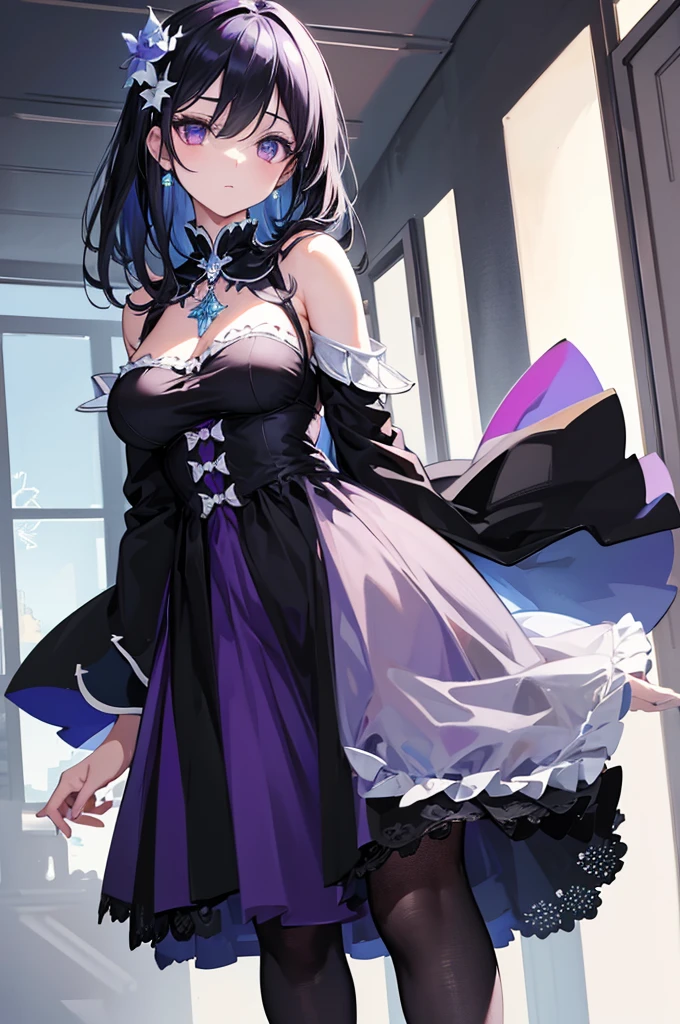 masterpiece, best quality, high resolution, best illustration, super fine illustration, (official art:0.7), (anime screencap:0.8), anime keyvisual, perfect anatomy, 8k portrait, 
1girl, perfect hands, 
elsa, 
elsa \(re:zero\),
medium hair, 
black hair, 
(purple eyes:1.2), (beatiful detailed eyes:1.5), 
flower hair ornament, 
(large breasts:0.8), 
black dress, black cape, detached black sleeves, black tights, cold Shoulder, breasts out, 
looking at viewer, 
cowboy shot, 
natural light, background of indoor, 