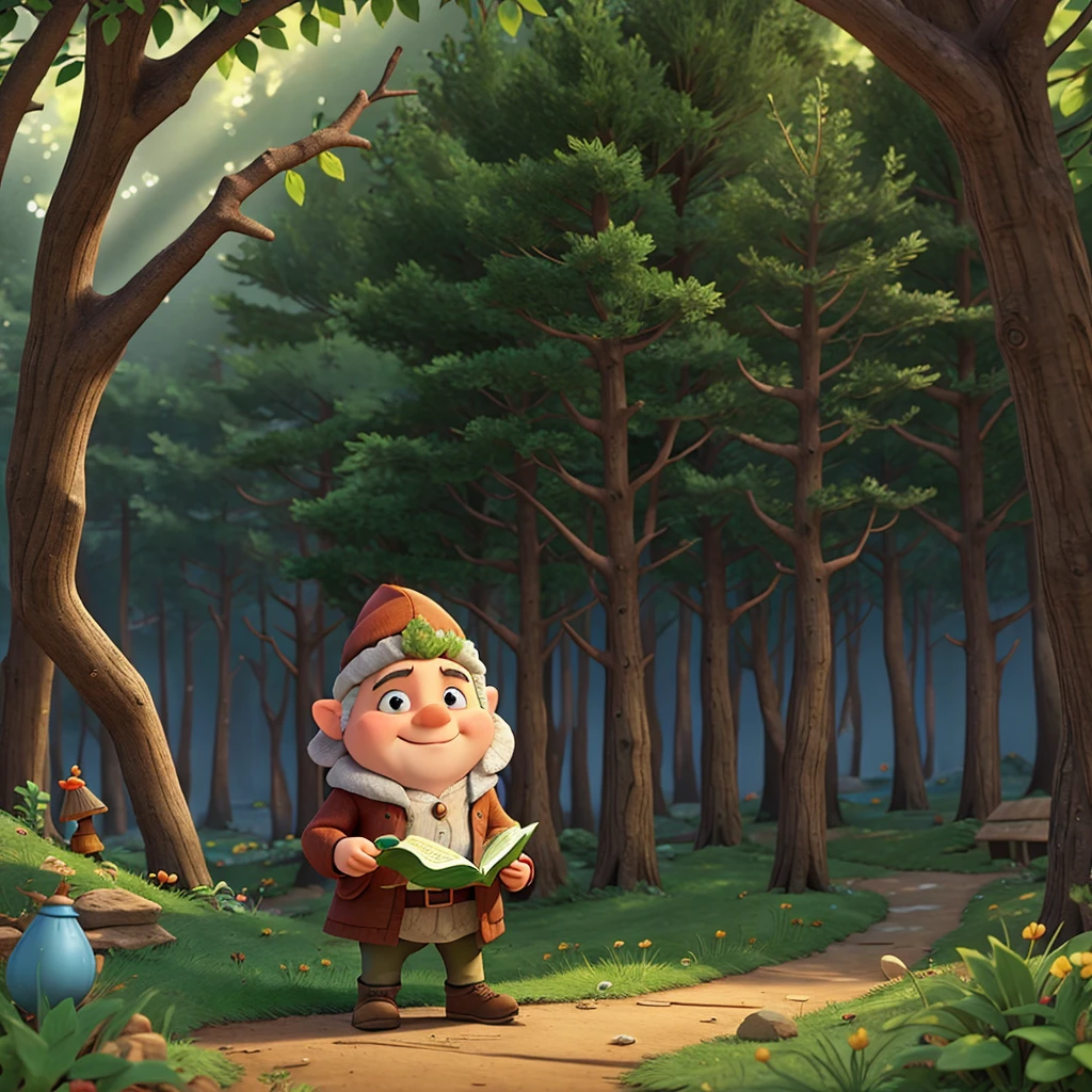 A gnome is reading a fairy tale and is in the forest at the edge of the forest