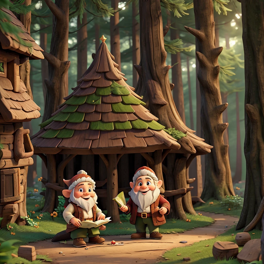 A gnome is reading a fairy tale and is in the forest at the edge of the forest