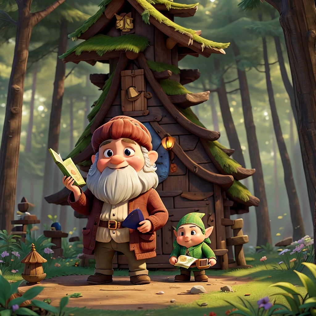 A gnome is reading a fairy tale and is in the forest at the edge of the forest