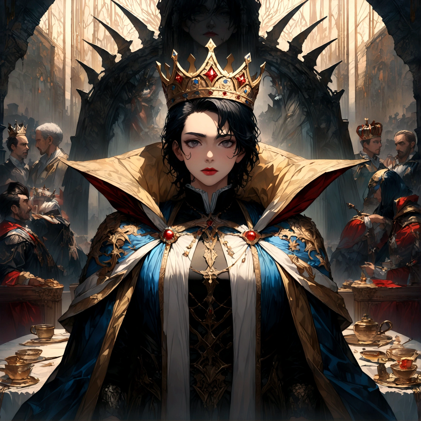 Throne room scenery,oil painting style,king sitting on the throne,Subjects prostrating,Subject's clothing details,There is a distance between the king's throne and his subjects.,BREAK,(The king is a middle-aged man,A king with absolute power who looks down on his subjects,He wears clothes and a cloak befitting a king.,the king wears a crown,He is a king with a cruel personality.,anatomically correct),BREAK,A painting depicting an era in history,paint with oil paint,structurally correct,create an artistic background,decadent,dark fantasy,awe,feeling of pressure,(masterpiece:1.3),(highest quality:1.4),(ultra detailed:1.5),High resolution,extremely detailed,unity 8k wallpaper
