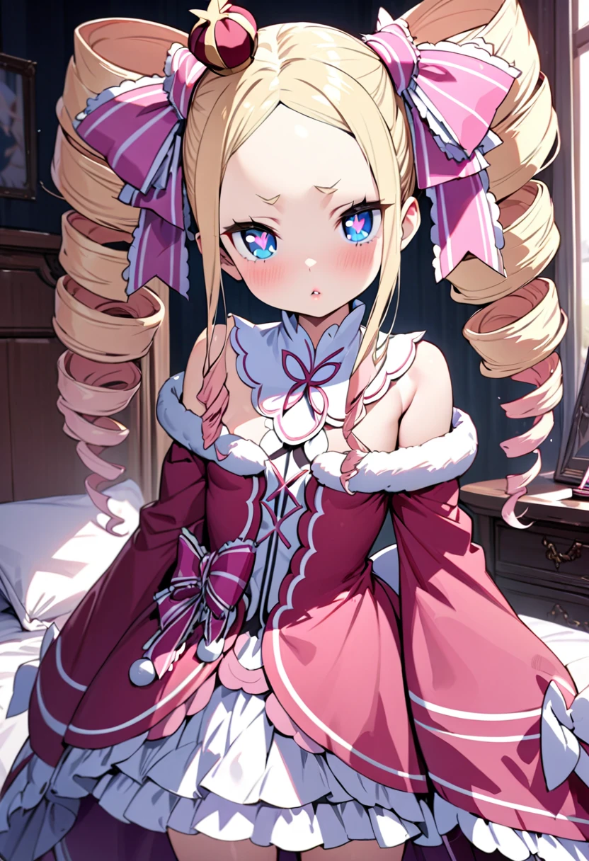 (finely detailed beautiful eyes:1.2), (best quality, masterpiece:1.2), ultra detailed, 1girl, Beatrice, \(Re:Zero\), beatrice, blonde hair, blue eyes, (butterfly-shaped pupils:1.2), drill hair, long hair, parted bangs, (forehead:1.5), symbol-shaped pupils, twin drills, sidelocks, mini crown, small breasts, lips, standing, (looking at viewer), (front view), bed, room,