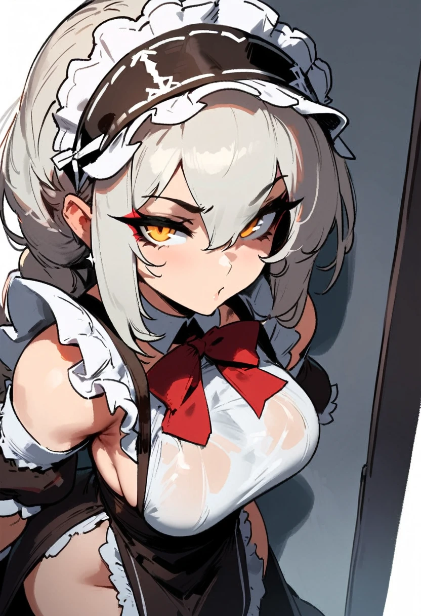 1girl, aegir \(iron 's dragon maid\) \(azur lane\), azur lane \\\\\ masterpiece, best quality, very aesthetic, absurdres, newest \\\\\\ sportive body, \\\\\\ by nyantcha,,by cutesexyrobutts,by khyle ///// white hair with a single prominent red streak, black horns, yellow eyes, \\\\\\ white background,standing,