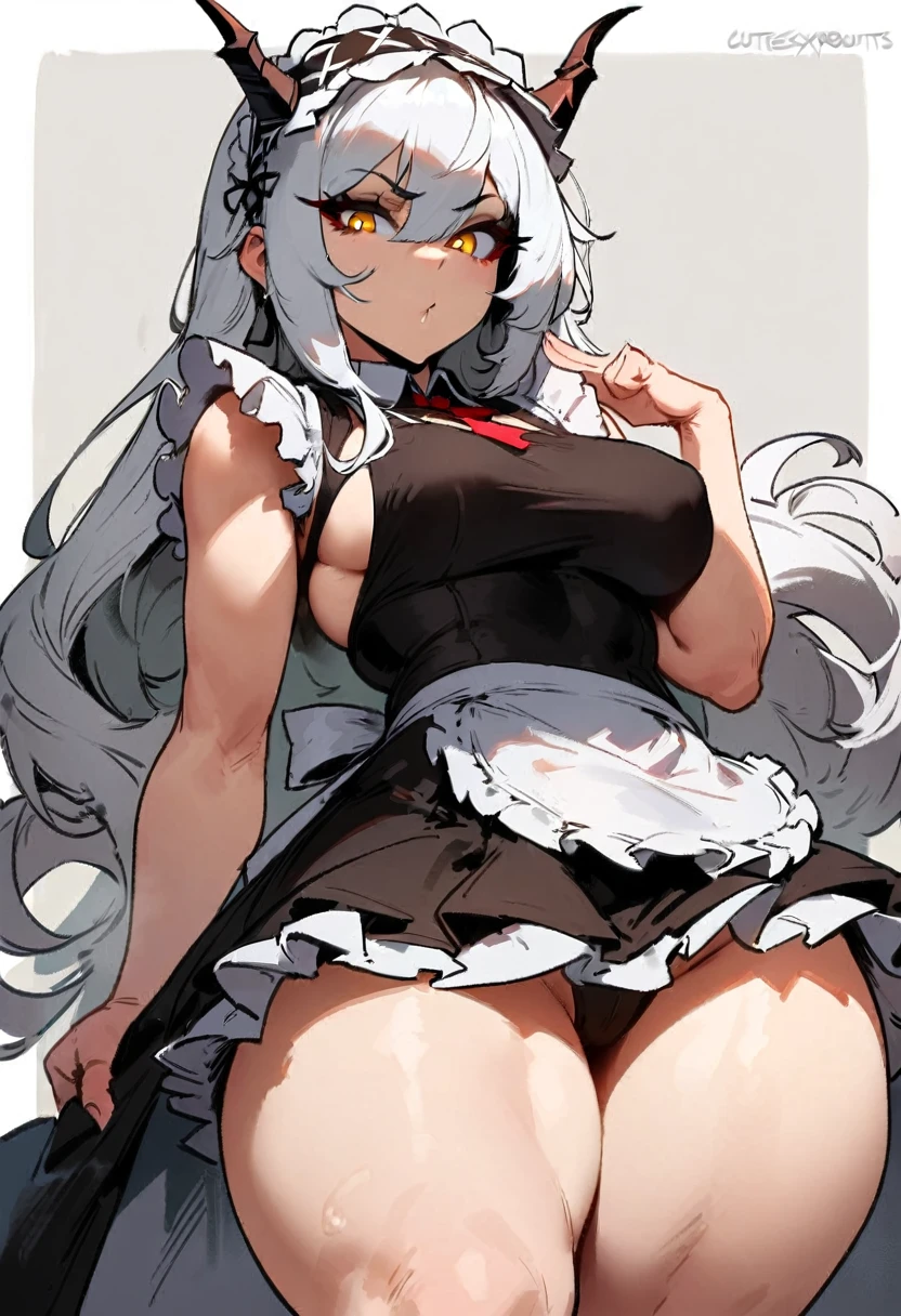 1girl, aegir \(iron blood's dragon maid\) \(azur lane\), azur lane \\\\\ masterpiece, best quality, very aesthetic, absurdres, newest \\\\\\ sportive body,  \\\\\\ by nyantcha,,by cutesexyrobutts,by khyle ///// white hair with a single prominent red streak, black horns, yellow eyes, \\\\\\ white background,standing, 