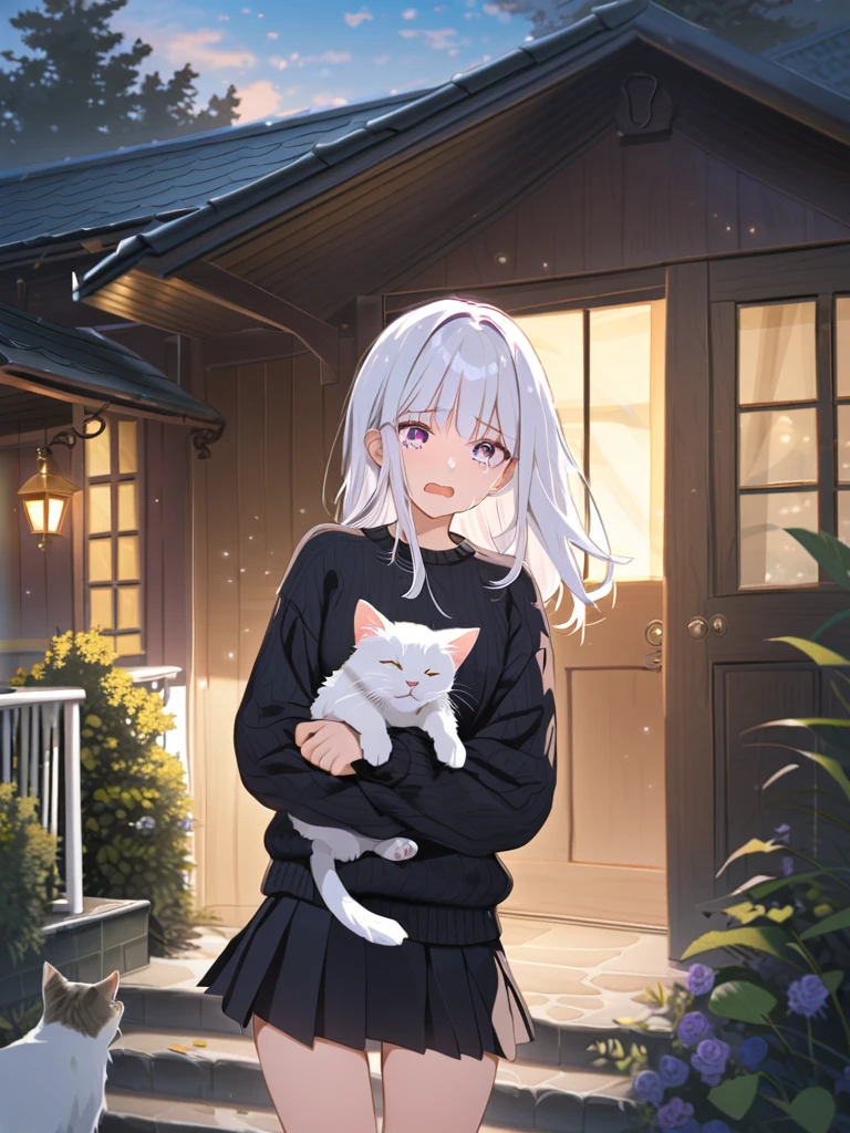 Crying, standing in front of the house, white hair, purple eyes, black sweater, black mini skirt, white cat