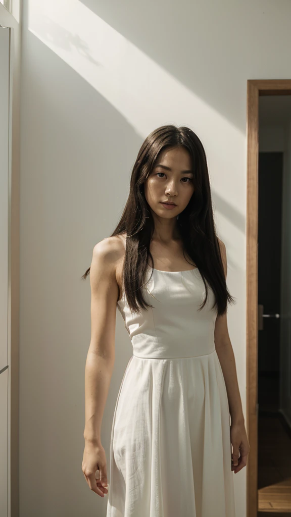 arafed woman in a white dress standing in a room with pictures on the wall, the ring movie, the ring, film still from a horror movie, portrait of sadako of the ring, horror movie scene, film still from horror movie, still from horror movie, horror movie still, horror film still, the grudge, horror movie aesthetic, horror film