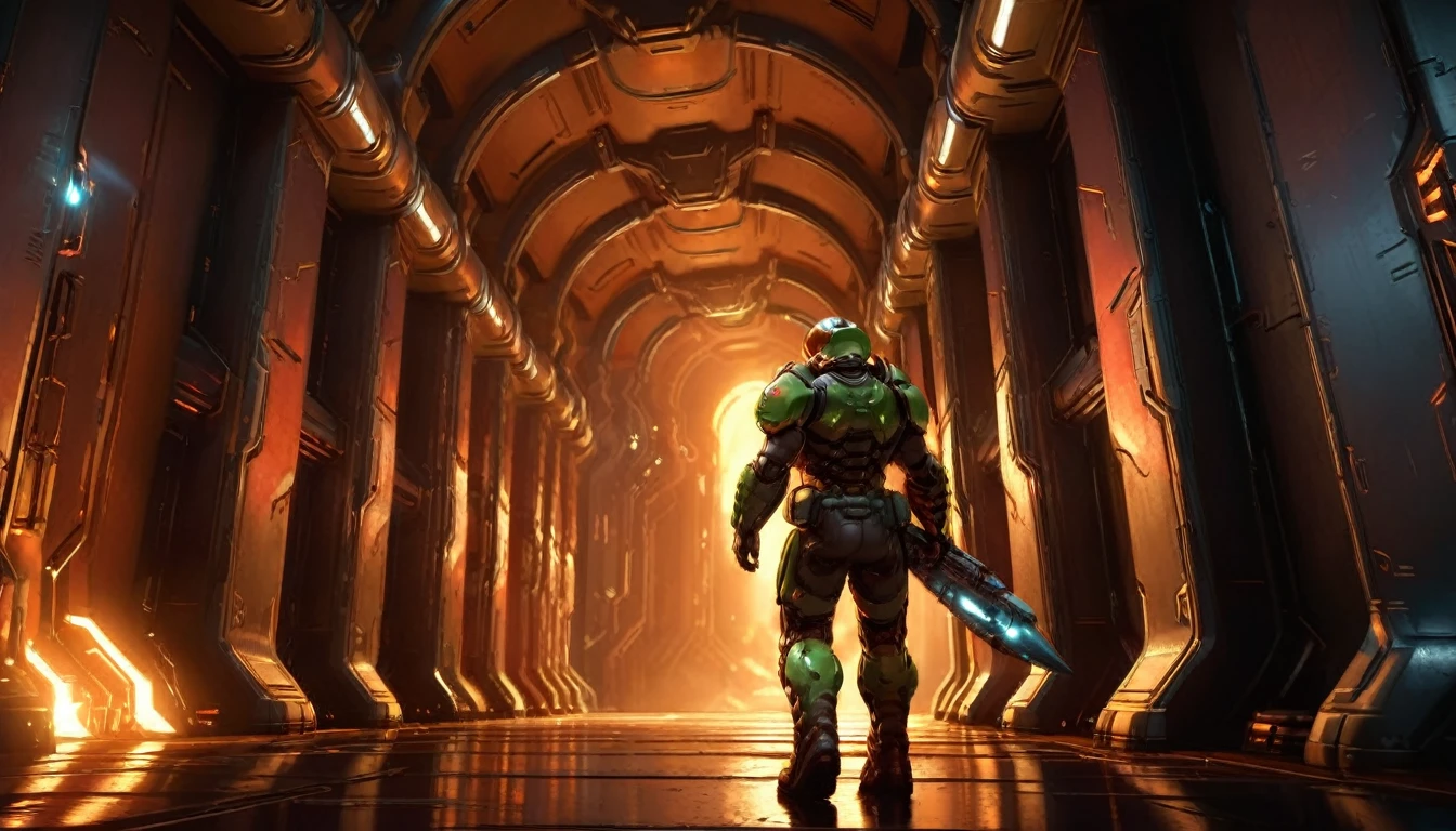 Doom guy in a dark metal corridor, walking towards a bright portal, holding a futuristic weapon, backside view, highly detailed, cinematic lighting, dramatic atmosphere, sci-fi, 8k.