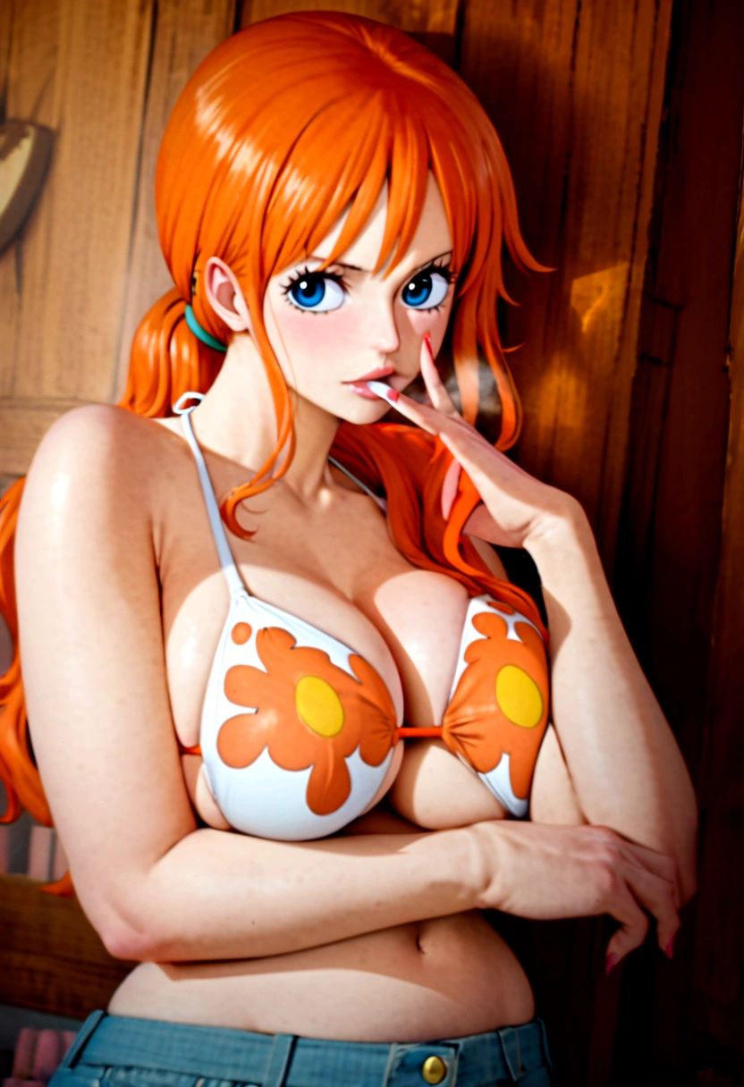 a cartoon picture of a woman in a bikini top and jeans, nami one piece, nami from one piece, nami, beautiful portrait of nami, from one piece, oppai, blue eyes, smoking, ponytail