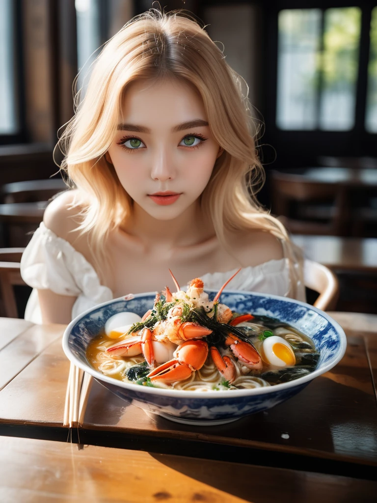 (2 girls) (Two 18-year-olds.o Swedish girls are mysterious, slim and beautiful、Attractive and shy),Holding chopsticks, Eat ramen, Multiple large bowls of steaming hot:1.5 bowls of giant crab leg lobster ramen, Sweaty and oily skin, Subtle laughter,Looking straight at the camera, Perfect slim face,narrow jaw,Highest quality, Professional Lighting, Very detailed, Realistic,Delicious steamed octopus、Lobster claws、Fried egg、Seaweed、Served in an ornate, high-quality porcelain bowl, Upper Body,Beautiful and detailed green eyes,Long golden blonde hair,Blonde eyebrows, smokey eye shadow, Wearing a tube top with white lace strings visible through it,Bare shoulders, Sunburned face, , Rustic wooden table top, A gorgeous art museum with paintings on the walls, Bokeh, Strong sunlight from the window,(Outside the window it is snowing):1.3,Outside the window there&#39;s a blizzard,God&#39;s Rays, Backlit hair, Vintage 2000s RAW photos, photoRealistic, Film Grain, hidden camera, Color graded film-like, Eye-catching light, Atmospheric lighting, Macro photography, Skin pores, Imperfection, nature, Shallow depth of field
