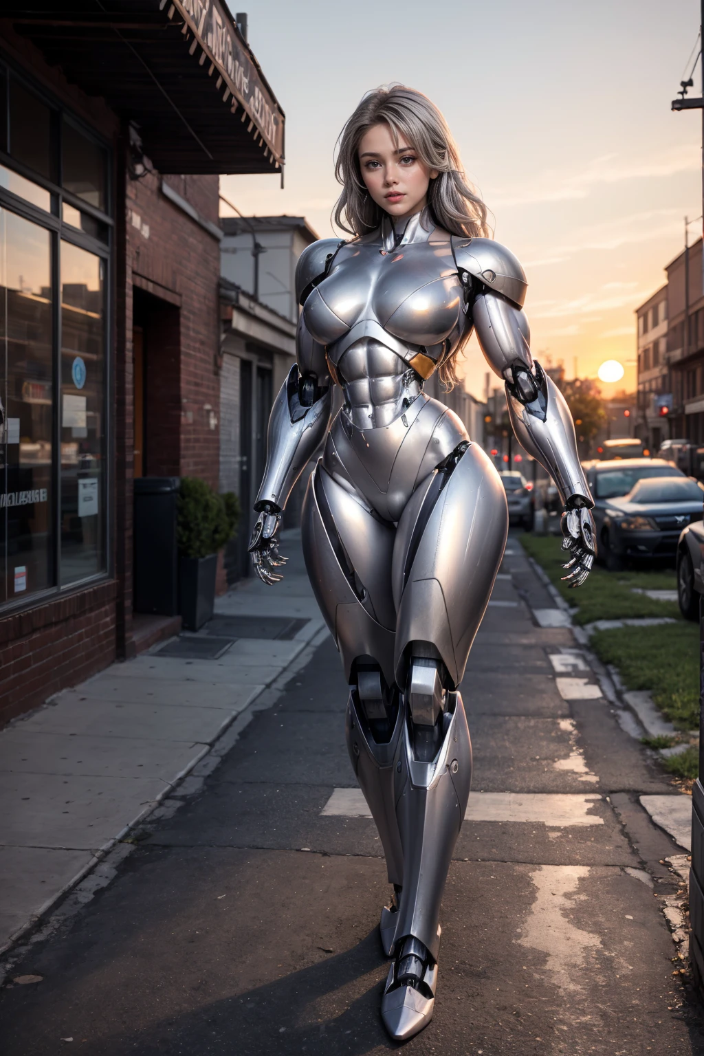 (Muscular:1.8), (thick thighs:1), (large round breasts:1), (large muscular chest and shoulders:1.4), FEMALE, brown hair, long brown hair, (big smile:0), (tight mecha arm, tall cute silver cyborg:1.5), looking at viewer, (three quarter view:1.3), upper body view, (sidewalk sunset:1.5), dark lighting, detailed skin, detailed eyes, (dark skin:1.), (very thin waist:1.3), (huge round muscles:1.5), (one protagonist:1.5), (tall:1.9),