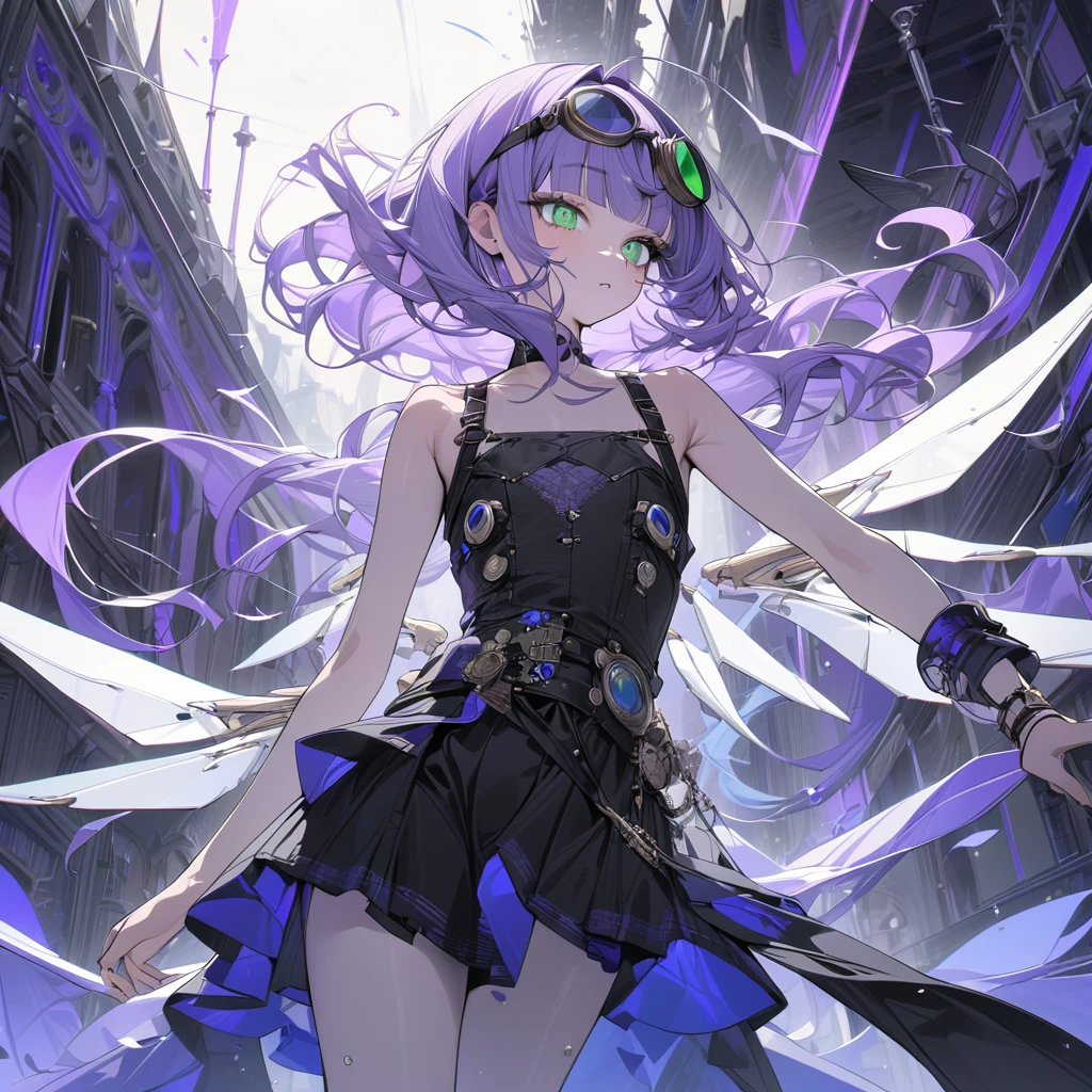 (exceptional, best aesthetic, new, newest, best quality, extremely detailed, :1.2),8k, white theme, blue theme,
a girl is wearing A suit with mechanical wings, with pale-purple hair, a dynamic angle from front, wavy hair blowing in the wind, blunt bangs hair, black and green eyes, A black tank top,Steampunk goggles, wristbands,flat chest,She is floating in the sky, gazing straight at me, and from her whole body and her back, wings of purple light are spreading out.fullbody shot,