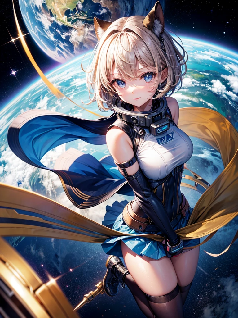 Highest quality,Highest Resolution,A beautiful android girl flying in space,Earth in the background,Milky Way,