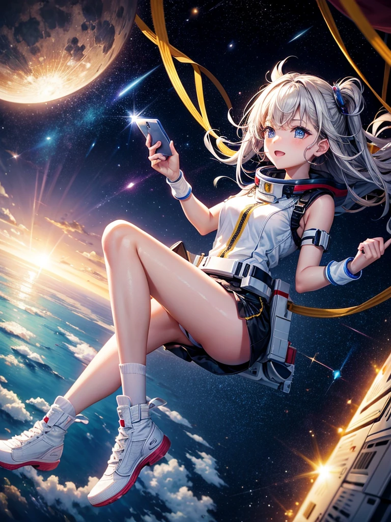 Highest quality,Highest Resolution,A beautiful android girl flying in space,Earth in the background,Milky Way,