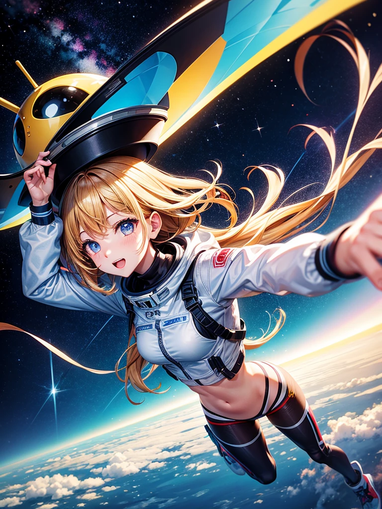 Highest quality,Highest Resolution,A beautiful android girl flying in space,Earth in the background,Milky Way,