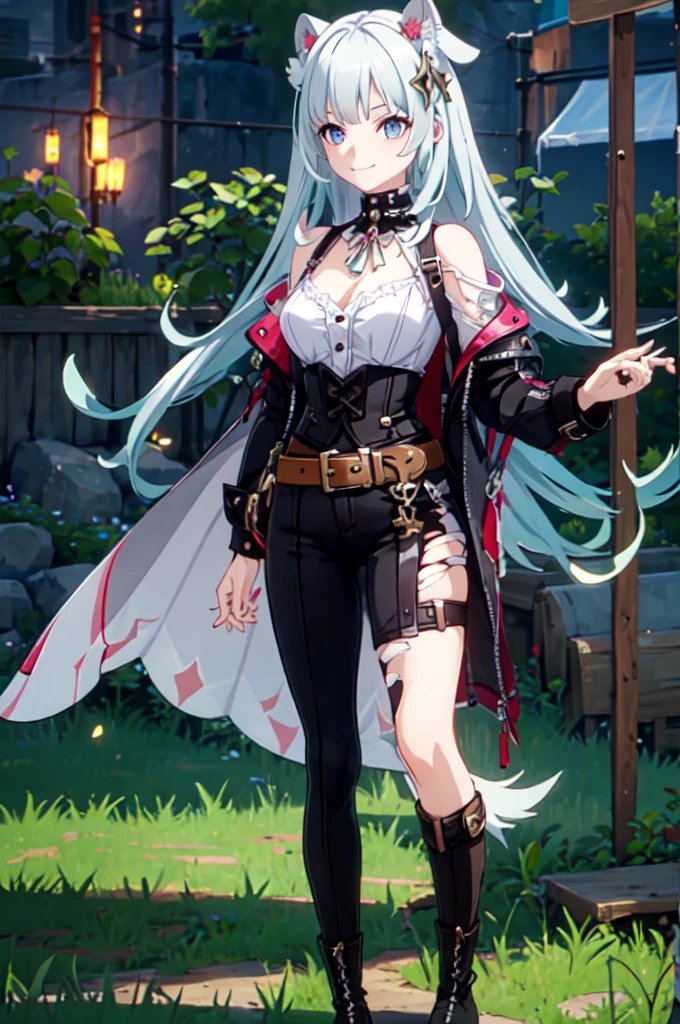 ultra detailed, masterpiece, best quality, solo, 1girl, (tsurime:1.2), blunt bangs, long hair, straight hair, shoulder-length hair, female focus, coat, shirt, pants, studded belt, multiple belts, combat boots, torn clothes, necklace, black cape, pink and purple theme, popped up collar, puppy ears, dog tail, curled tail, smile