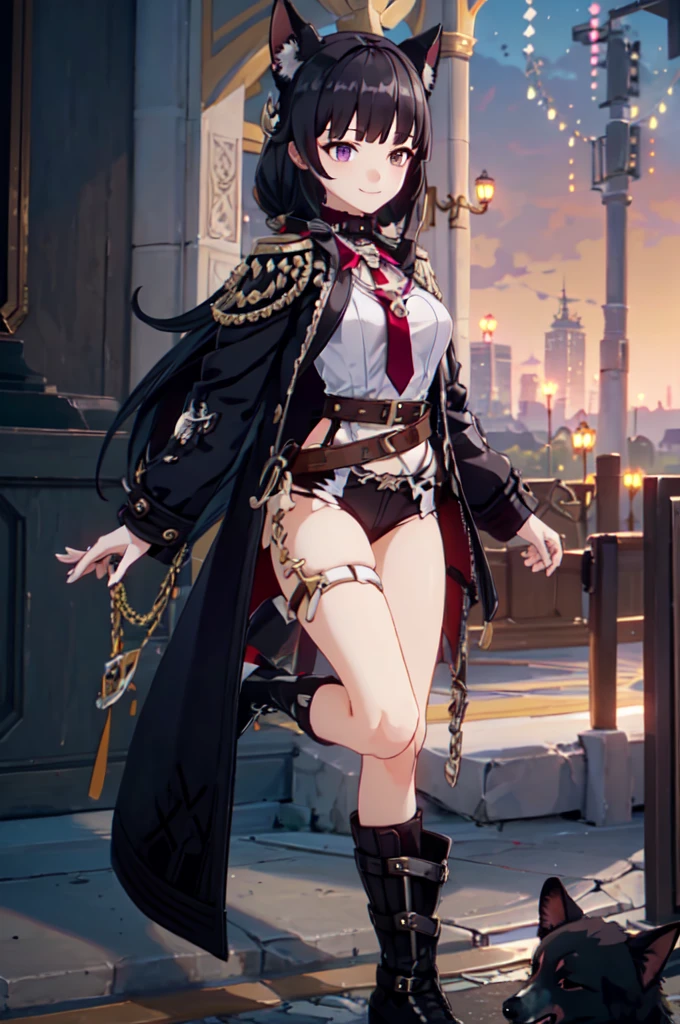 ultra detailed, masterpiece, best quality, solo, 1girl, (tsurime:1.2), blunt bangs, long hair, straight hair, shoulder-length hair, female focus, coat, shirt, pants, studded belt, multiple belts, combat boots, torn clothes, necklace, black cape, pink and purple theme, popped up collar, puppy ears, dog tail, curled tail, smile