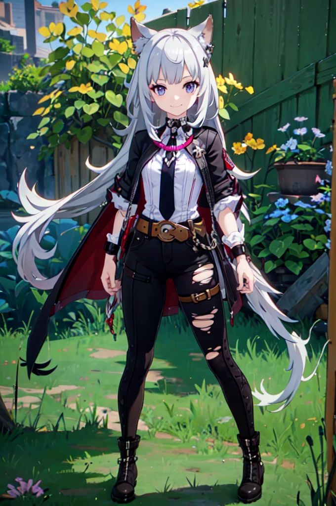 ultra detailed, masterpiece, best quality, solo, 1girl, (tsurime:1.2), blunt bangs, long hair, straight hair, shoulder-length hair, female focus, coat, shirt, pants, studded belt, multiple belts, combat boots, torn clothes, necklace, black cape, pink and purple theme, popped up collar, puppy ears, dog tail, curled tail, smile