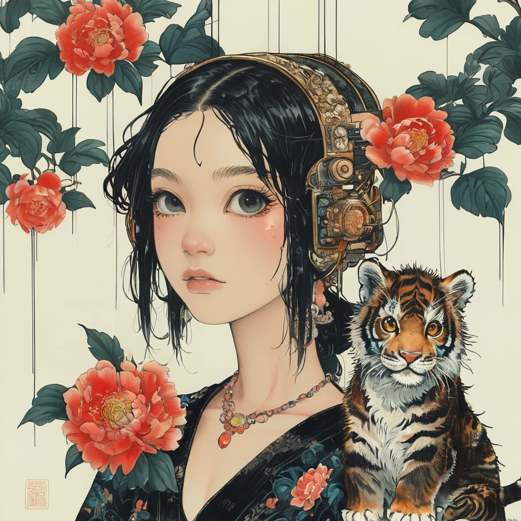A girl with black hair and white eyes, dressed in dark , stands next to an anthropomorphic tiger, both looking at the camera. The background is adorned with intricate patterns of flowers and leaves., with a black color scheme, taken from a low angle shot, with high resolution and high detail, a masterpiece.