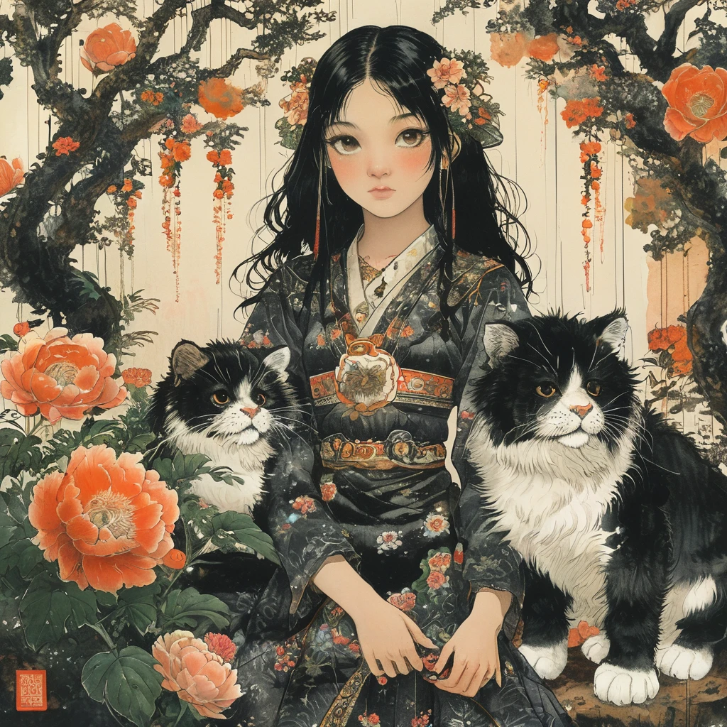 A girl with black hair and white eyes, dressed in dark , stands next to an anthropomorphic tiger, both looking at the camera. The background is adorned with intricate patterns of flowers and leaves., with a black color scheme, taken from a low angle shot, with high resolution and high detail, a masterpiece.