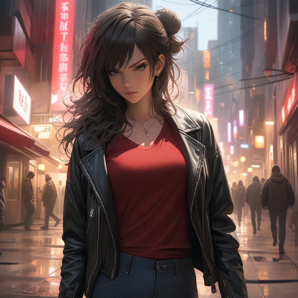 (best quality, 8k, masterpiece, highres, ultra-detailed), photorealistic, Tsukasa Hojo style, young woman, black leather jacket, ripped jeans, confident pose, urban setting, messy bun, falling hair, cool expression, determined gaze, dramatic lighting, gritty atmosphere, rebellious spirit, edgy style, powerful pose, sharp shadows, strong lines, realistic skin.
