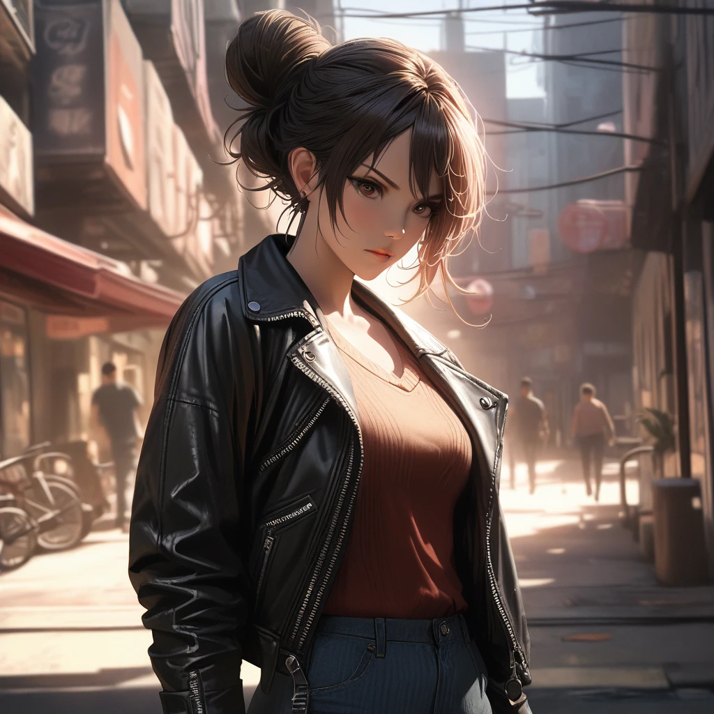 (best quality, 8k, masterpiece, highres, ultra-detailed), photorealistic, Tsukasa Hojo style, young woman, black leather jacket, ripped jeans, confident pose, urban setting, messy bun, falling hair, cool expression, determined gaze, dramatic lighting, gritty atmosphere, rebellious spirit, edgy style, powerful pose, sharp shadows, strong lines, realistic skin.