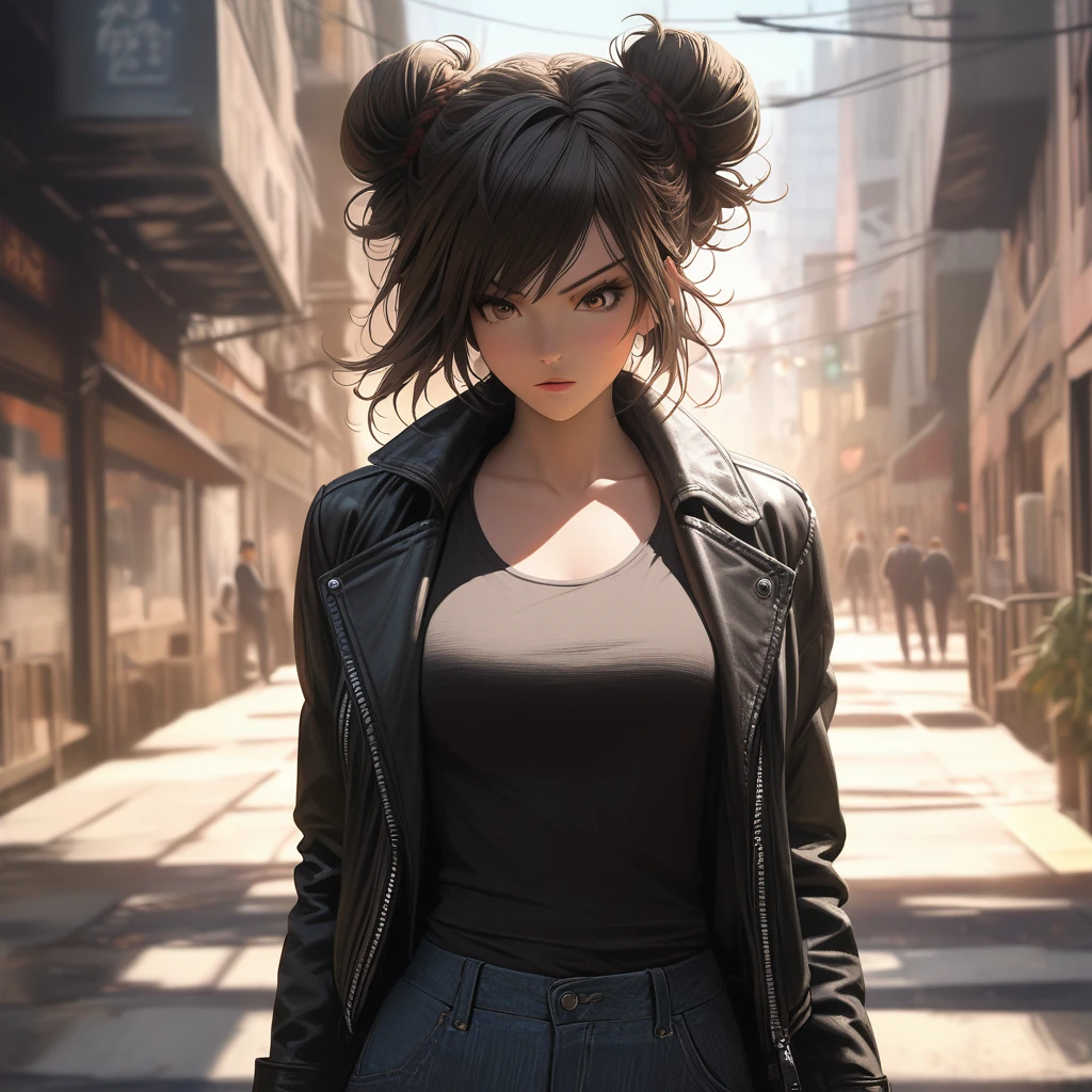 (best quality, 8k, masterpiece, highres, ultra-detailed), photorealistic, Tsukasa Hojo style, young woman, black leather jacket, ripped jeans, confident pose, urban setting, messy bun, falling hair, cool expression, determined gaze, dramatic lighting, gritty atmosphere, rebellious spirit, edgy style, powerful pose, sharp shadows, strong lines, realistic skin.