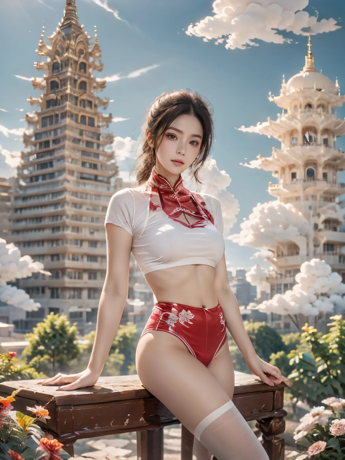 zhongfenghua, 1 girl, only, Hanfu, antique_China_architecture, Flower Field, Floral, (White smoke:1.3) (Realistic Portraits:1.4), Tangled, Mandala, twist, Official Art, Unity 8K wallpaper, Extremely detailed, Beautiful and beautiful, masterpiece,best quality, (Dynamic Angle:1.4), Glowing skin, (Colorful sparks floating:1) The most beautiful form of chaos, elegant, Barbarian design, Vibrant colors, Exotic romance, Depth of Field._dance, Red flowers,Leg clothing