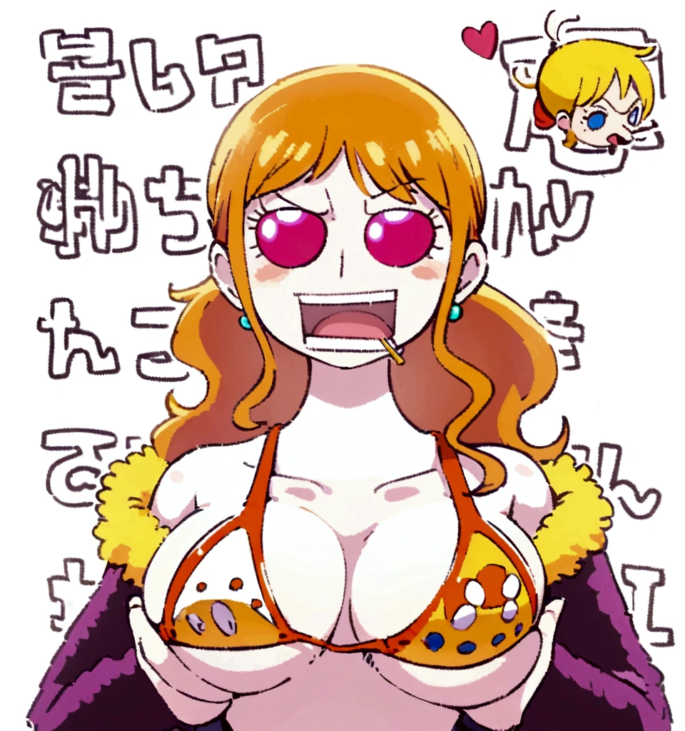 a cartoon picture of a woman in a bikini top and jeans, nami one piece, nami from one piece, nami, beautiful portrait of nami, from one piece, oppai, blue eyes, smoking, ponytail