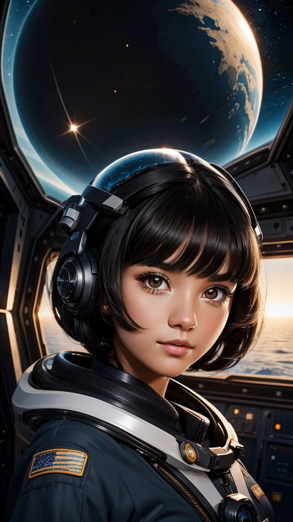 Beautiful black-haired girl with brown eyes and hair wearing space clothes inside a ship photo session close-up on the face