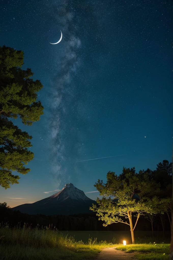 Deep woods、A crescent moon floating in a beautiful night sky