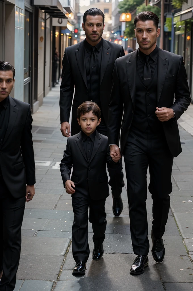 A handsome 39 year old man is walking with a handsome 3 year old boy, wearing a shiny black suit, hair neatly combed and undercut, background of a group of thugs, professional photo, clear photo, real photo, realistic photo, UHD, 8k