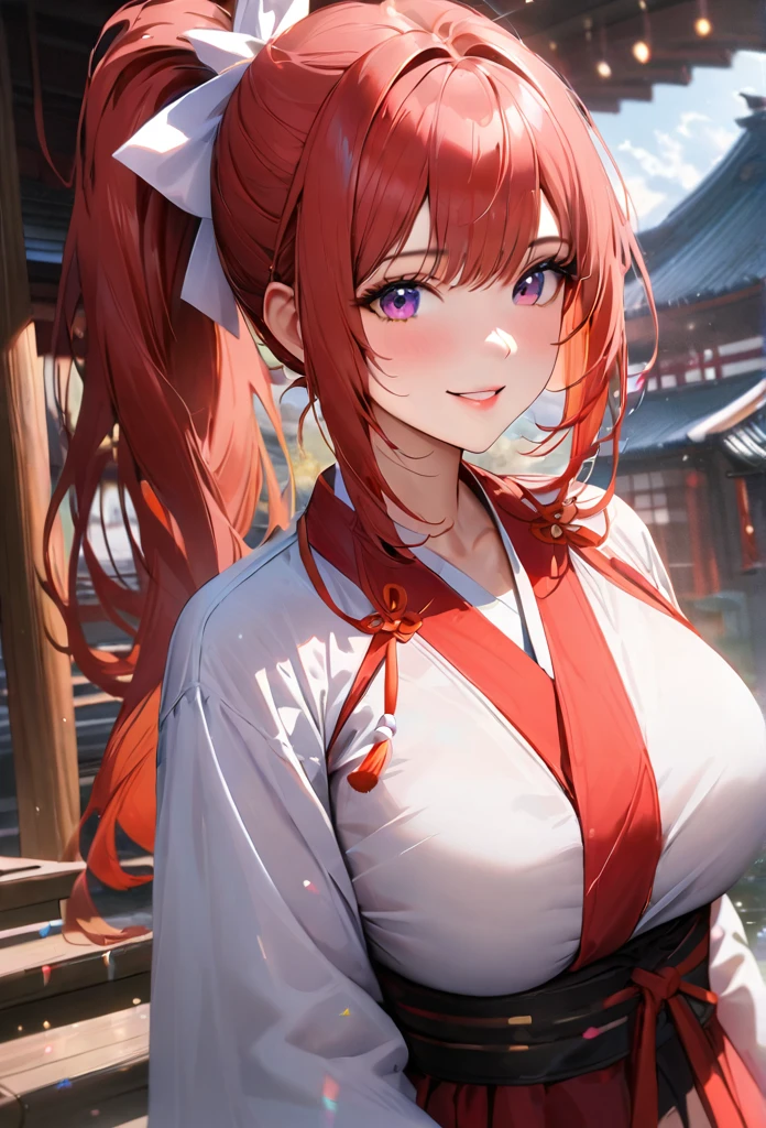 Shrine grounds, Clear sky with white clouds, Miko costume, Blur the background,high school girl,Big Breasts,ponytail,smile,Glitter effect,Highest quality, 8K, High resolution, masterpiece:1.2, Very detailed, Realistic:1.37, High resolution, 超High resolution, Ultra-fine painting, Very detailed, Professional, Vibrant colors
