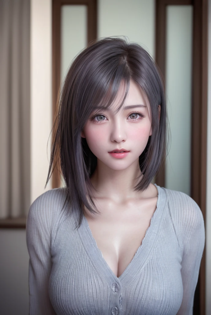 (8K, Photorealistic, Raw photo, of the highest quality: 1.3), (1girl in), Super beautiful, (Realistic face), (boyish, Silver Color Berry Shorthair), Beautiful , Glare that captivates the viewer, Beautiful expression, Beautiful breasts, (Realistic skin), Be...