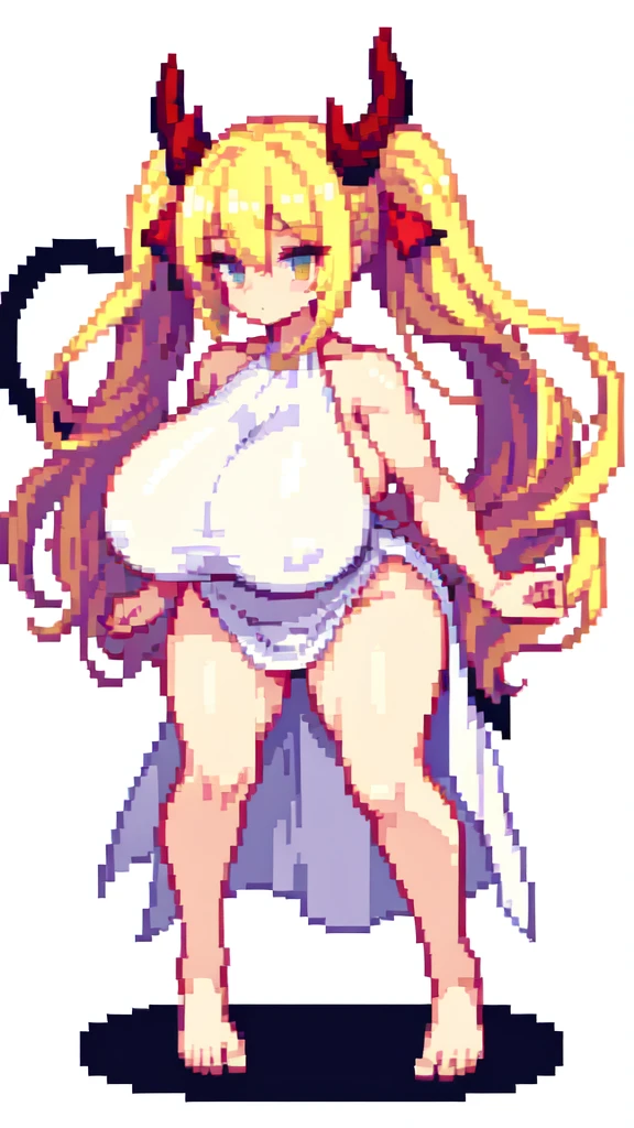 bent over,{{long legs}},devil,barefoot,{{very muscular}},{{very gigantic breasts}} ,{{very curvy}} , ,masterpiece , best quality , pixel art , 1 girl ,{full body},  voluptuous ,twintails,blonde hair ,white dress,white background 