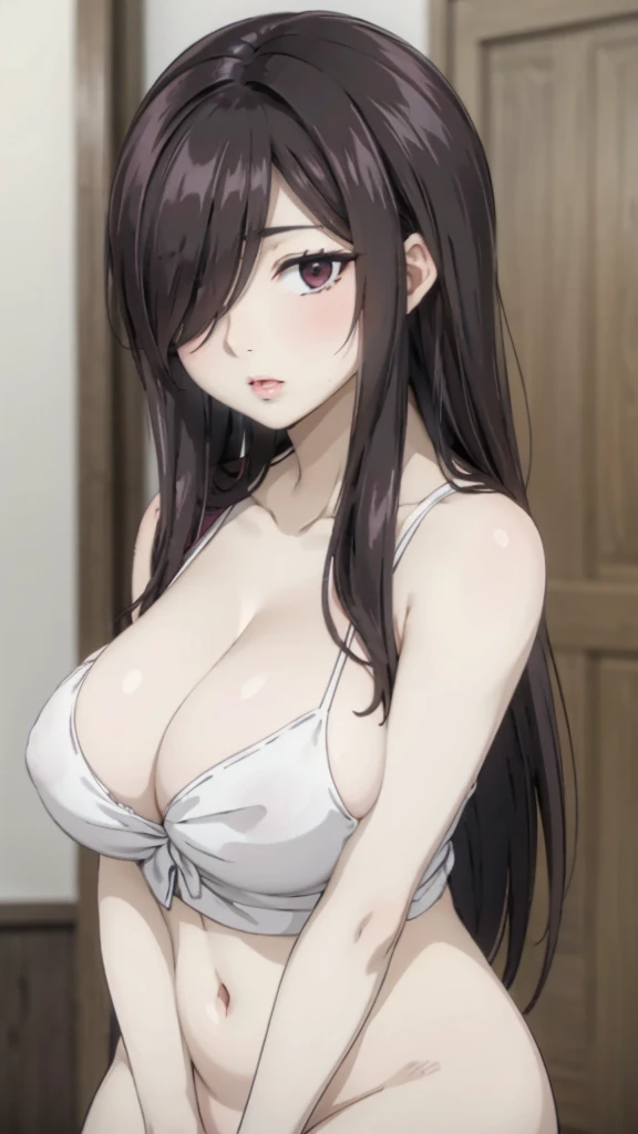 Cute mommy, busty mature women, Nude,realistic skin,perfect,black hair, long hair, (hair over one eye:1.4), messy hair, hair between eyes, chubby,plump,fat, Sexy lips, pucker lips, pussy hair,dense pubic hair,cute shy blush on