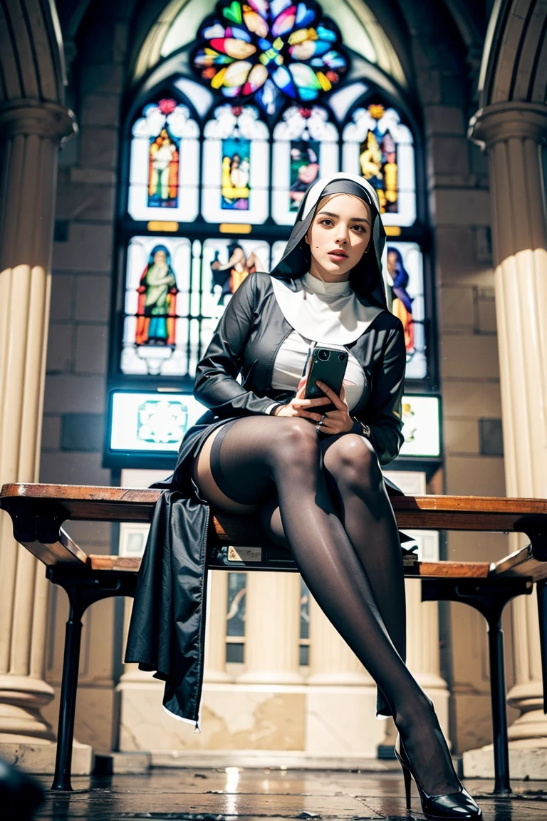 (Close up of), A tall Nuns sits on a bench in the church, Well designed model, ((Gray-haired)), had green eyes, Delicate delicate body, Thin legs, Camera at foot, Shot from below, Under the skirt, ((Black cassock:1,5)), ((Black Stockings)), (Look up at the camera), artwork in the style of Gwaiz, Nuns outfit, Photorealistic dark concept art, Alena Aenami and Artgerm, Nuns, Best of Art Station, deviantart artstation cgscosiety, Gwaiz, ((Dark color scheme:1,5)). (Browsing Caution))