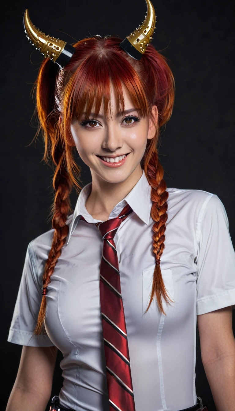 hands (Chainsaw Man), best quality, ultra detailed, 1 girl, alone, Stand, Red hair, long braided hair, gold eyes, bangs, medium breasts, white latex shirt, necktie, stare, smile, (devilish:1.2), Viewers look at, (Interview:1.3), (dark background), from bottom, sharp contrast , Beautiful, detailled eyes, ass focus , close up shot , bright orange eyes,front view