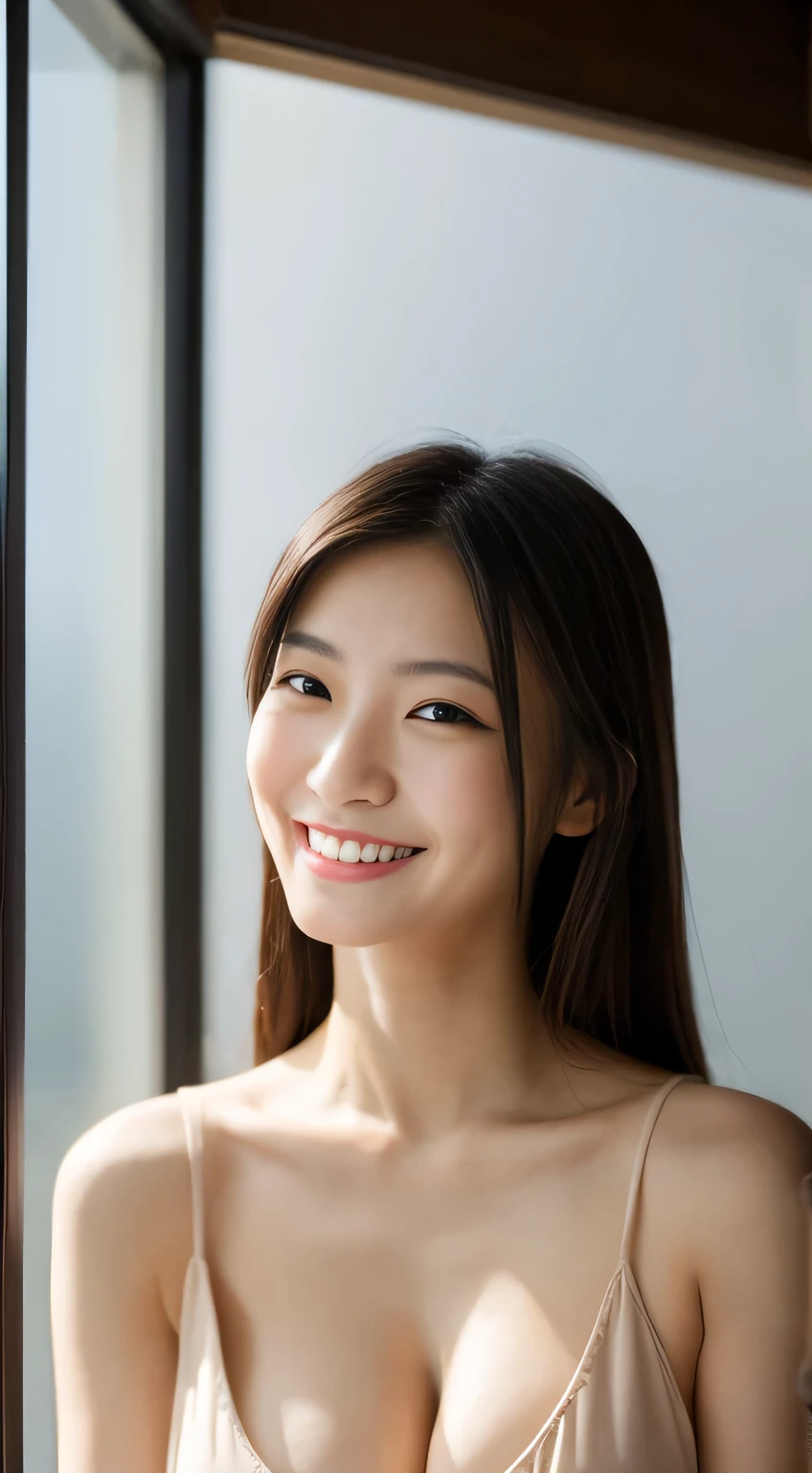 masterpiece,best quality,(Japanese ),((Beautiful girl)),cleavage,indoor,(perfect body beauty:1.2),(shy smile),beautiful teeth,